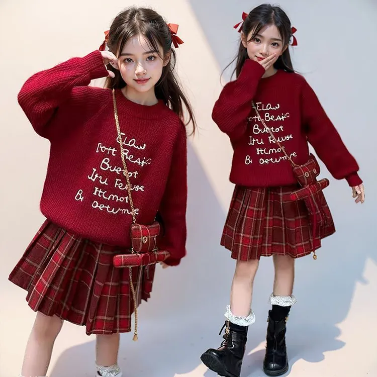 拜年服女童红色毛衣2025秋冬新款洋气儿童针织套装小女孩新年衣服