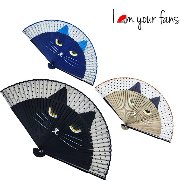 日本烤瓷边骨卡通龙猫折扇喷绘猫咪头像扇