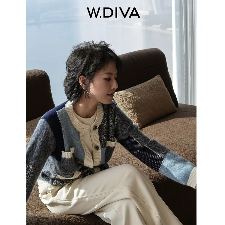 W.Diva【撞色开衫】法式小香风羊绒圆领几何针织开衫外套54Z072840