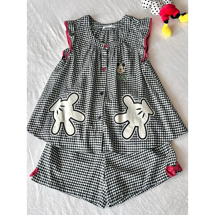 【格纹米奇】韩系甜美可爱睡衣女夏季新款背心短裤家居服套装可外穿