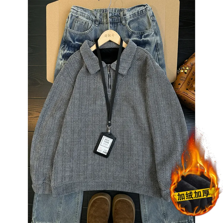 cleanfit满天星半拉链加绒卫衣男款秋冬季美式小香风翻领套头卫衣