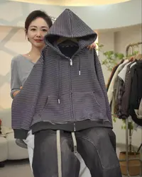 {加绒}儿童拉链条纹秋冬连帽宽松韩版卫衣男女童中长款