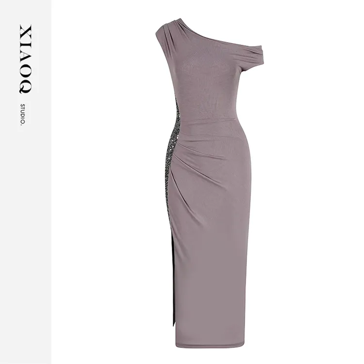 【小Q家】65423时尚收腰褶皱侧开叉连衣裙