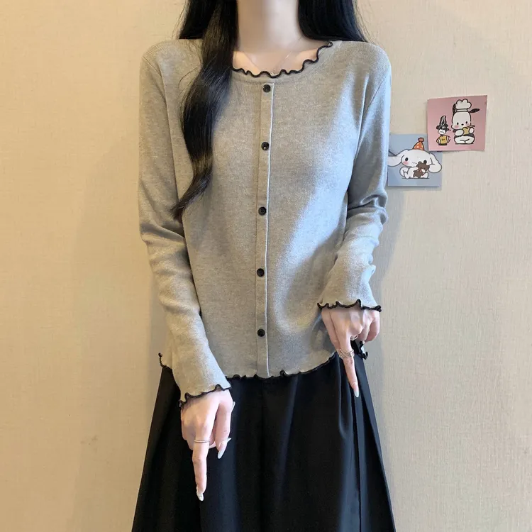 大码学院风长袖T恤女秋冬季法式木耳边宽松百搭打底衫遮肚子上衣