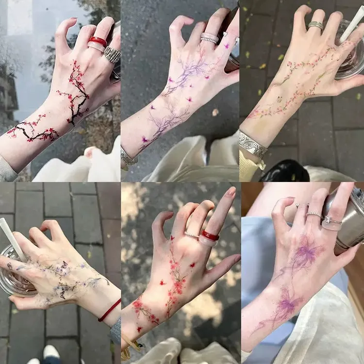 国风花枝系列梅花纹身贴桃花手背锁骨藤蔓缠绕半永久逼真刺青贴纸