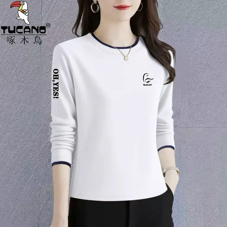 啄木鸟纯棉秋冬气质洋气时尚大码T恤长袖打底休闲风INS风女款百搭