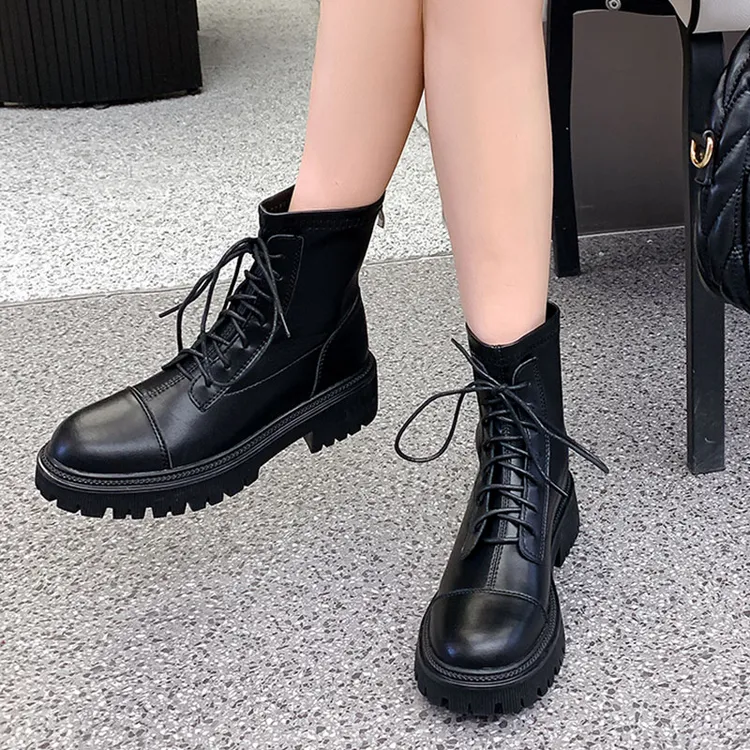 真皮百搭靴子女厚底短靴新款系带时装靴英伦马丁靴小个子瘦瘦靴