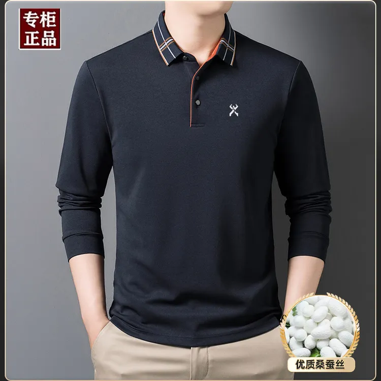 劲霸世家男装秋季桑蚕丝绵羊毛长袖Polo衫中年男士优质刺绣打底衫