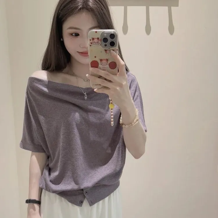 夏季纯欲紫色不规则短袖韩系显瘦百搭洋气小众上衣