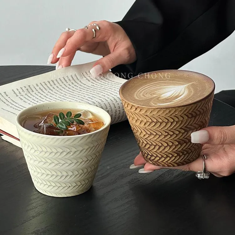 复古浮雕麦穗粗陶咖啡杯日式窑变釉猪口杯高颜值拿铁拉花杯茶杯子