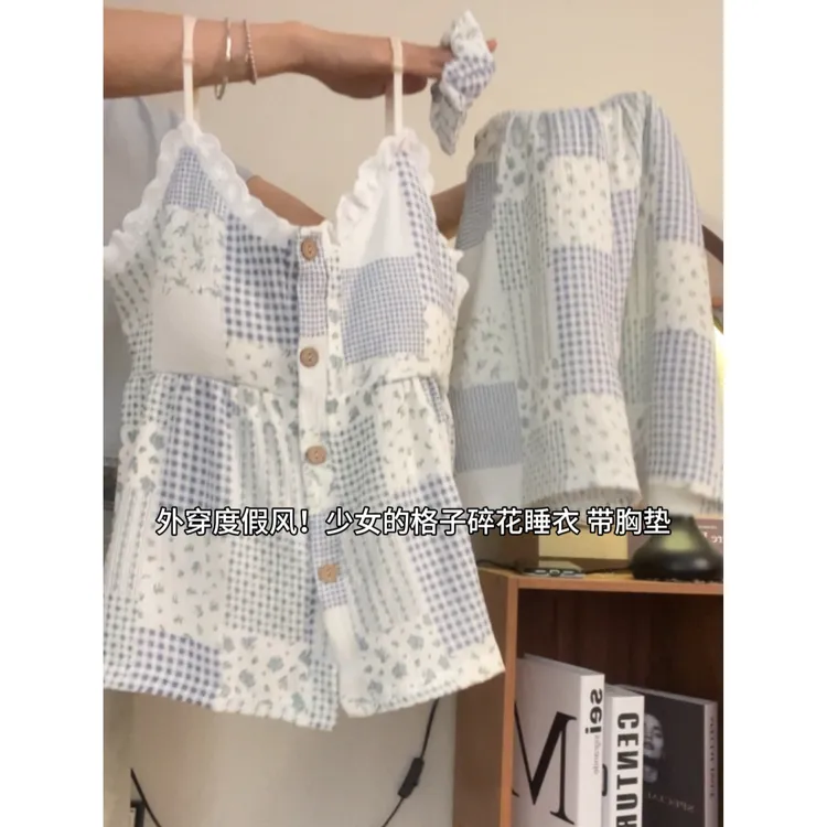 吊带胸垫睡衣女夏季薄款套装2025新款可爱外穿网红爆款家居服格子