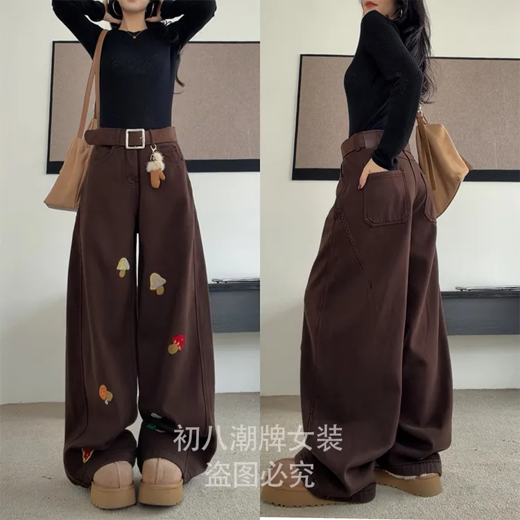 55588毛巾绣蘑菇加绒牛仔裤2025年冬季直筒显瘦复古高腰保暖长裤