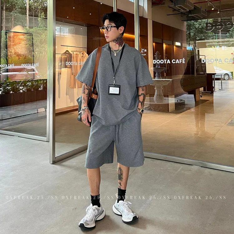OXFREAK「周末遛狗 松弛感」深灰色太空棉套装男重磅短袖宽松短裤