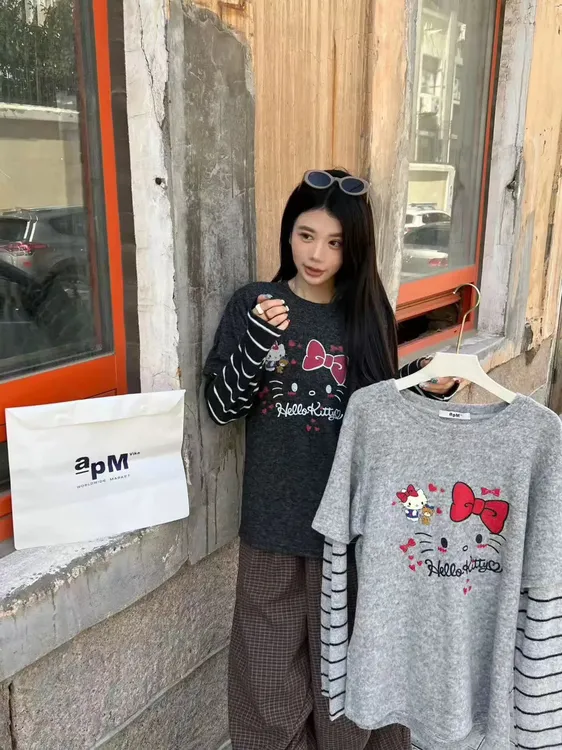 韩系卡通KT猫印花软糯条纹假两件长袖T恤女25秋冬款宽松百搭上衣