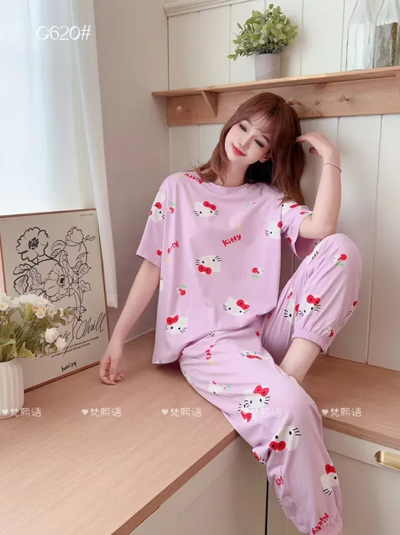女士短袖长裤棉休闲时尚睡衣家居服套装大码