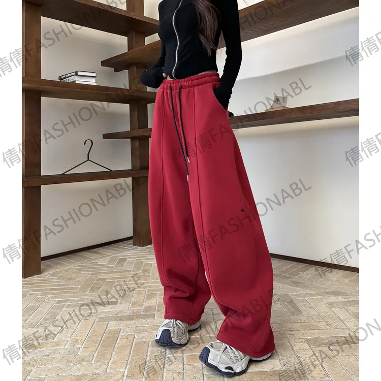 冬季慵懒风加绒加厚窄版阔腿裤女高腰显瘦宽松百搭字母刺绣休闲裤