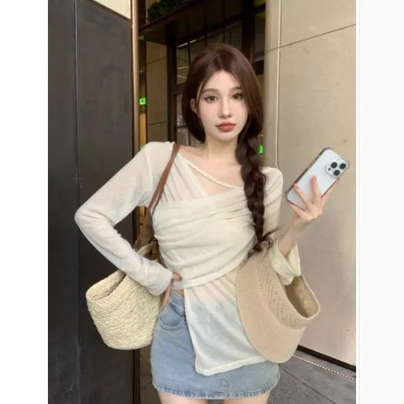 不规则上衣小心机夏季防晒衫长袖薄款透气空调衫不规则开叉T恤衫