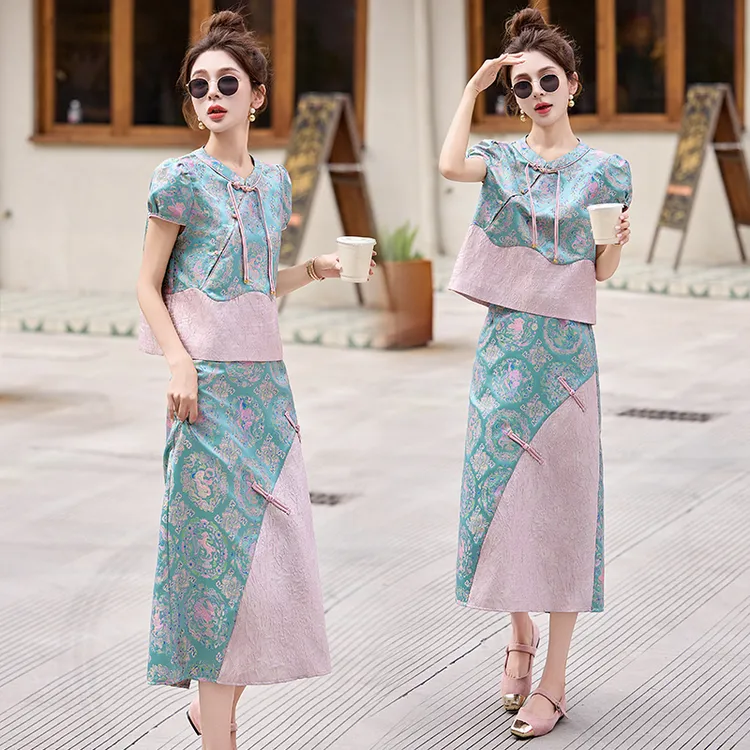 中国风时尚套装女夏季设计感拼接撞色提花复古盘扣半身裙两件套