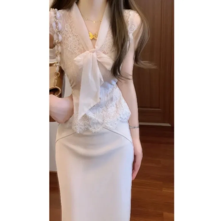 温柔姐姐风情万种纯欲蕾丝无袖蝴蝶结上衣&包臀半身裙套装1016瑶