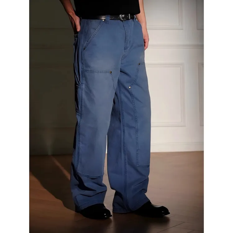 LlGGlCC美式复古水洗珠帆纯棉布工装伐木裤美式高街设计感直筒裤