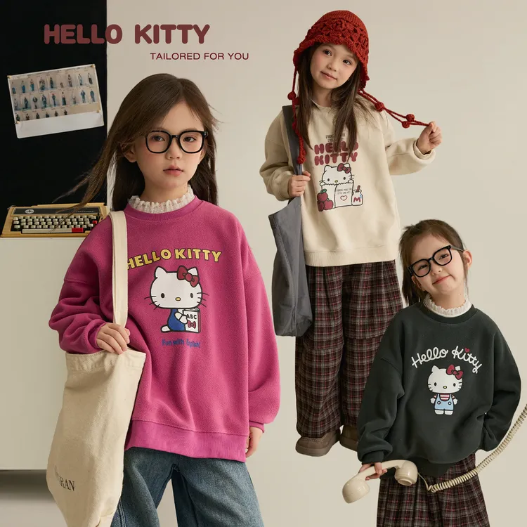 辰辰妈【瞬间】女童摇粒绒卫衣kitty印花保暖亲子装套头上衣8792DH