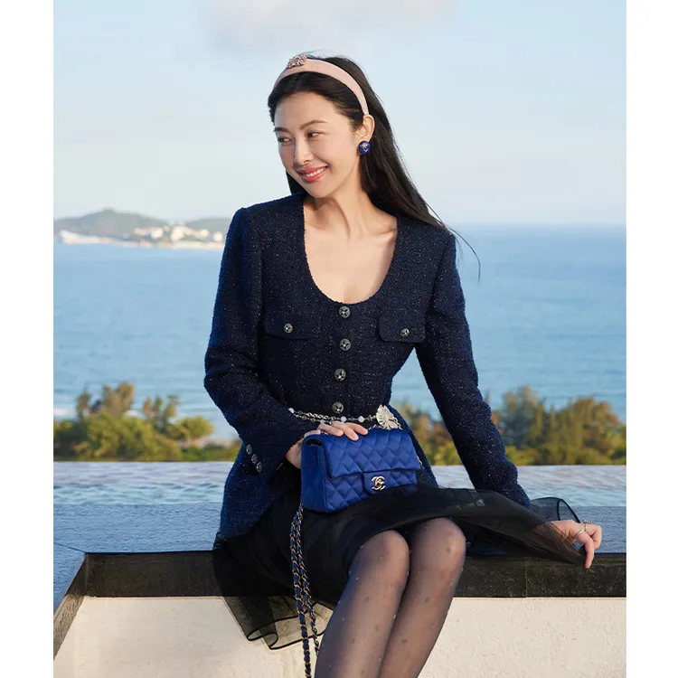 TRACY CHU 新品高定系蓝金色复古u领优雅千金时尚气质温婉长外套