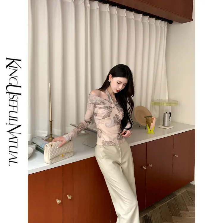 KUN 秋染  早秋两穿 定制法式腰果花褶皱挂脖一字肩花色打底上衣