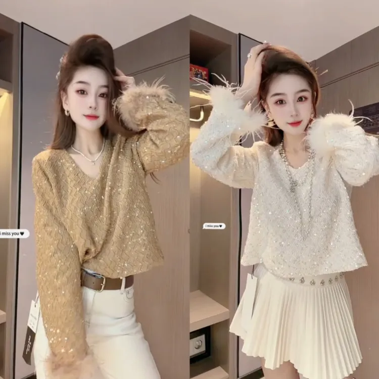 法式亮片长袖T恤女秋冬气质设计感轻奢显瘦打底上衣小香风重工女