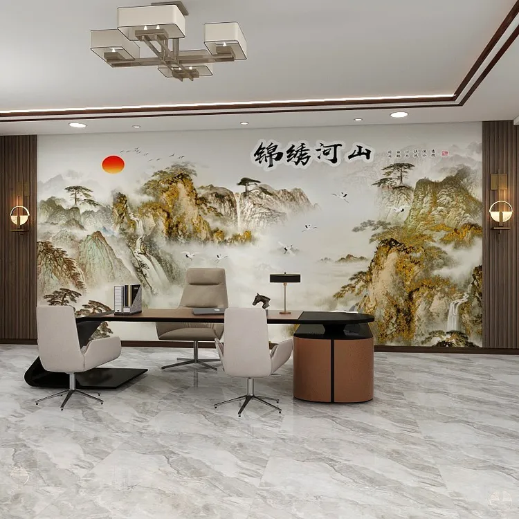 新中式水墨画墙布办公沙发茶室壁纸电视背景墙壁画3d大气影视壁布