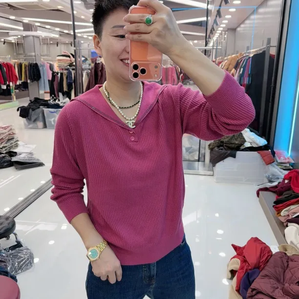 韩版抗起球6色披肩烫钻领毛衫7627欧美