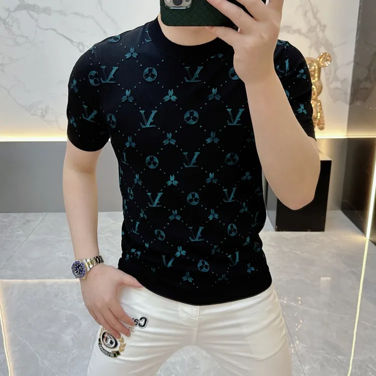 2025夏季新款欧货时尚字母提花帅气修身百搭冰丝短袖针织T恤男