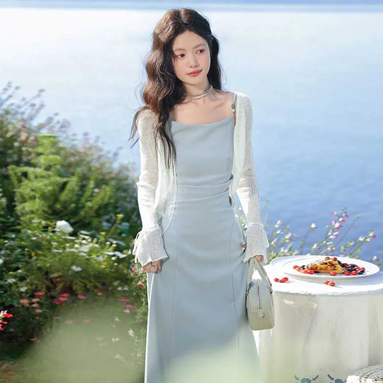 两件套法式气质蓝色吊带连衣裙女2025春夏季开衫套装D0716