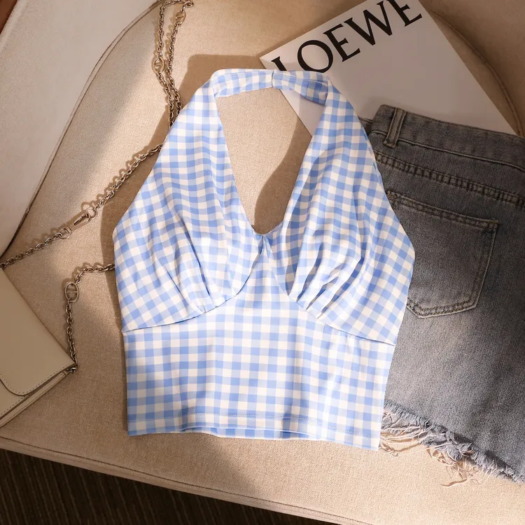 森系清新感蓝白格纹挂脖吊带背心女外穿带胸垫v领露背度假风上衣