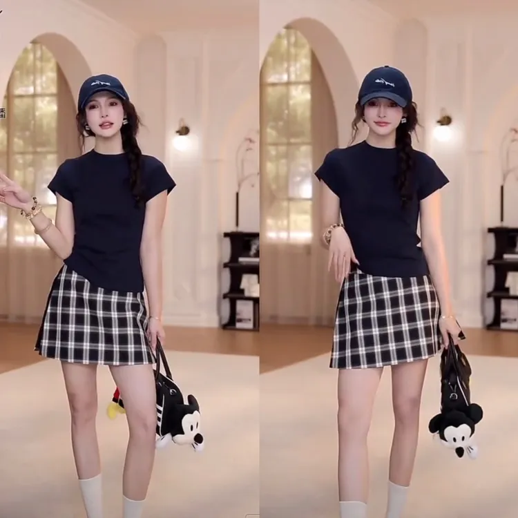 现货高质量 显瘦气质短裙格子裙裤半裙+夏季百搭纯色净版短袖T恤