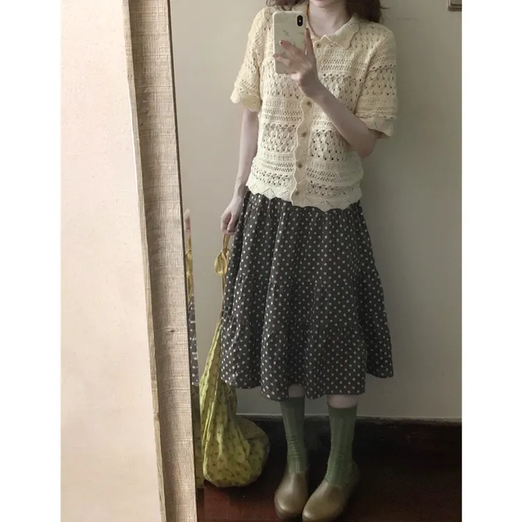 复古咖色圆点半身裙夏季百搭纯棉多层拼接蛋糕裙中裙