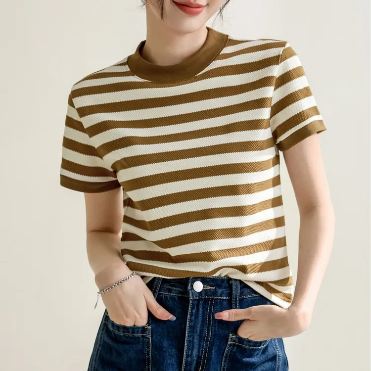 条纹撞色短袖T恤女修身显瘦百搭韩版设计感圆领夏季薄款时尚上衣