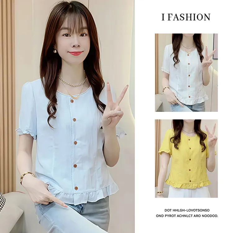 时尚木耳边衬衫女2025夏季新款洋气显瘦减龄收腰百搭圆领短袖上衣