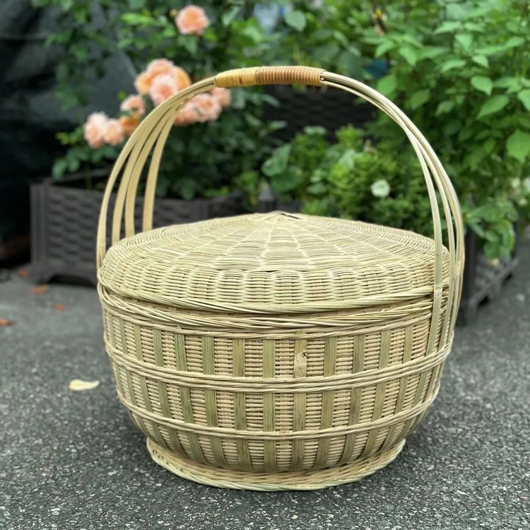 手工竹编制品提篮家用商用带盖手提拜拜户外野炊采摘收纳竹篮子