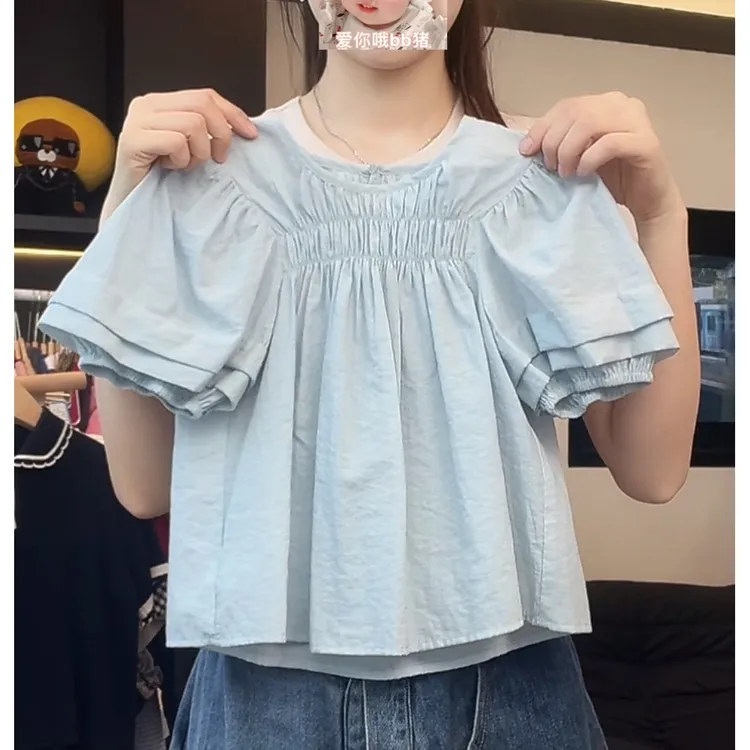 现货【茶花少女】女童设计感打揽衬衣泡泡袖娃娃衫上衣MPG6018