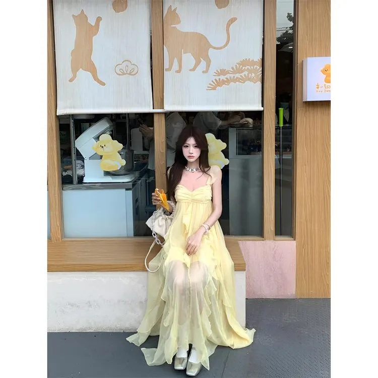 长裙法式吊带少女风荷叶边网纱连衣裙甜美仙气森系少女夏气质女装