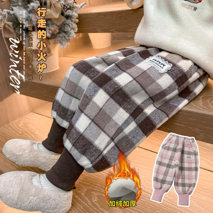 女童加绒休闲裤加厚一体绒儿童束脚毛呢格子卫裤小女孩宝宝秋冬装
