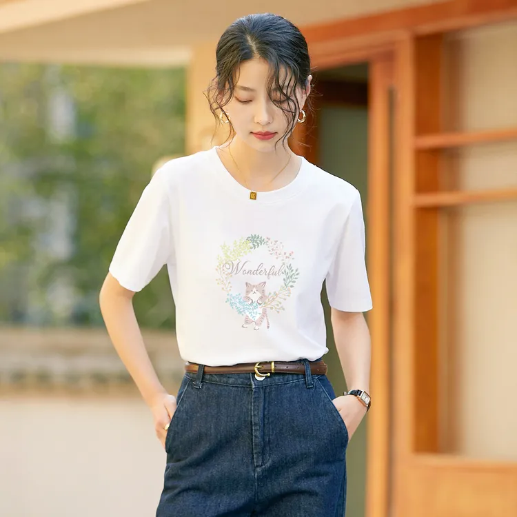 茵曼夏季凉感全棉正肩短袖t恤女25年知性风森系圆领休闲打底衫
