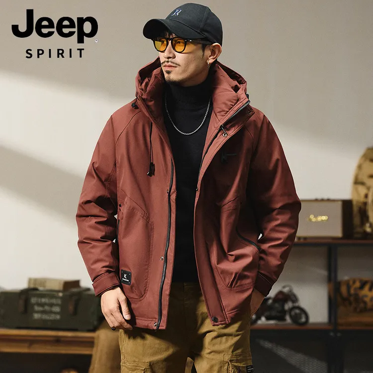 JEEPSPIRIT吉普户外冲锋羽绒服男士外套连帽保暖工装白鸭绒派克服