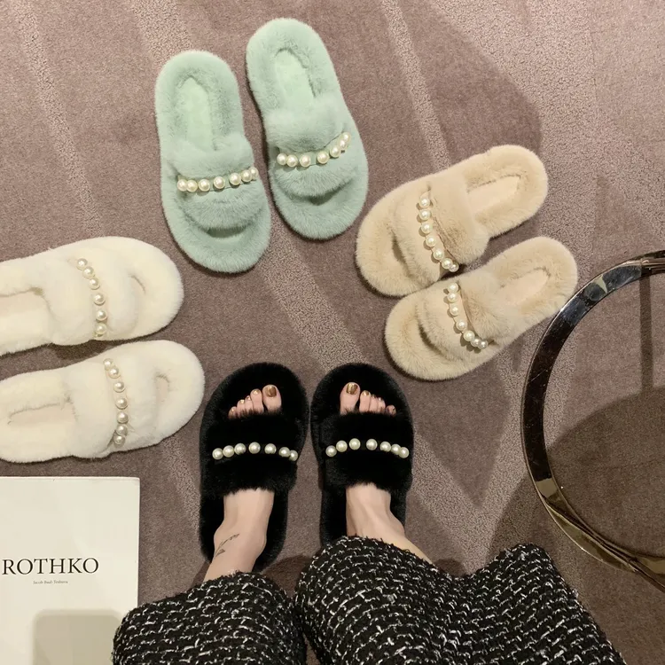 珍珠毛毛拖鞋女2024年秋冬季新款时尚外穿厚底韩版家用夏季棉拖鞋