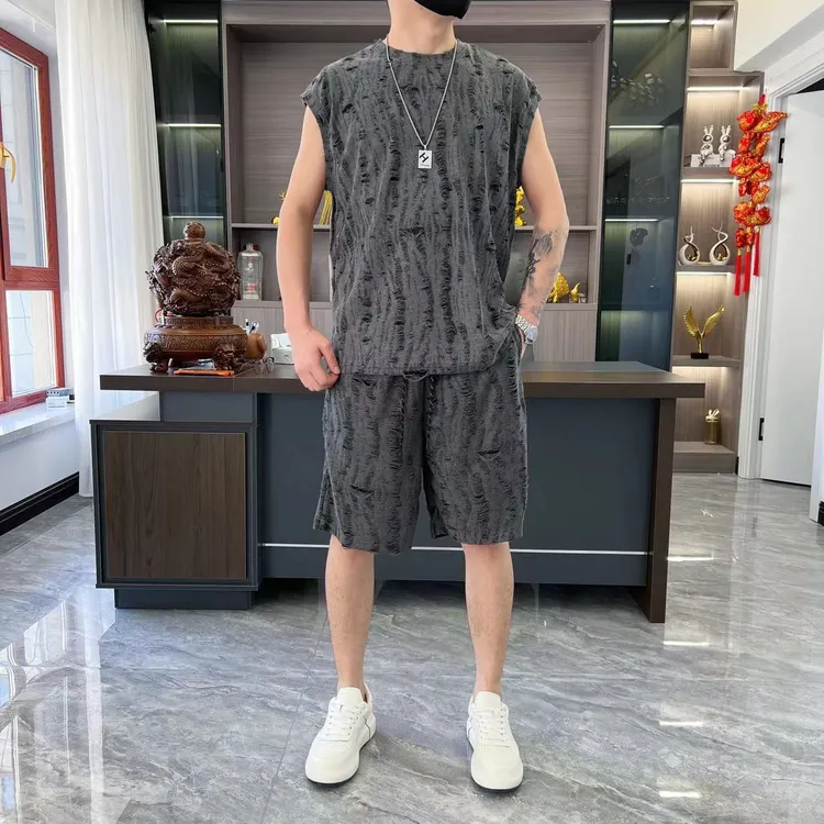 新款夏季休闲套装男镂空短裤薄款宽松潮流背心时尚无袖男士套装