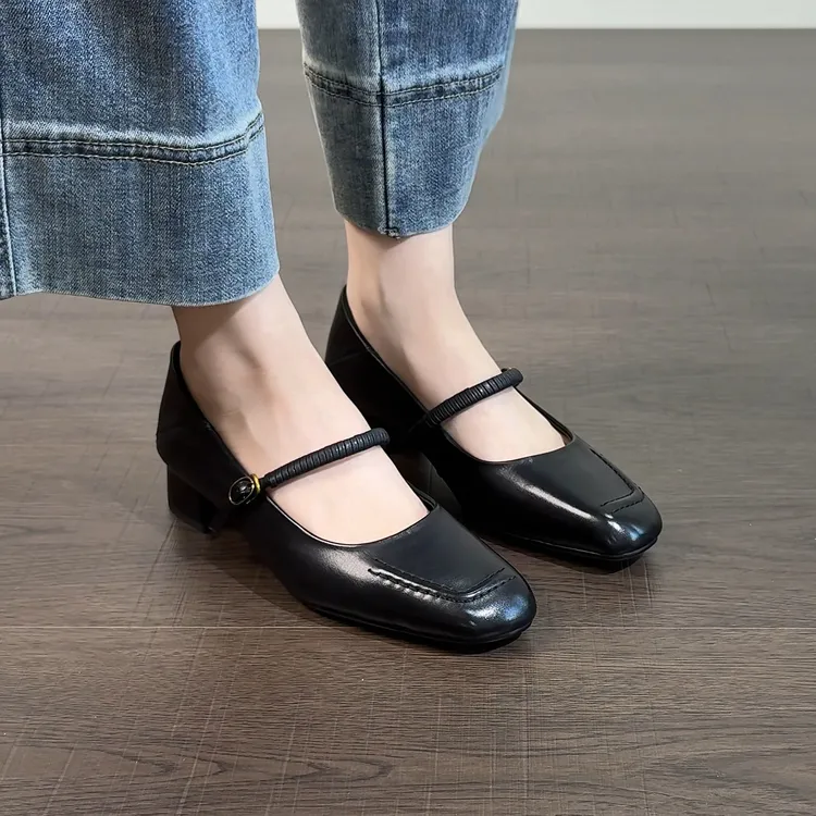 3cm/2646牛皮粗跟方头法式复古一字扣浅口女单鞋气质时尚玛丽珍