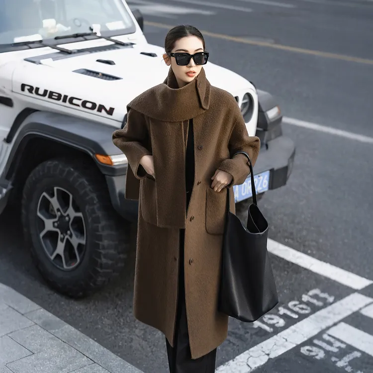 秋冬季百搭爆款时尚加厚羊毛呢宽松显瘦过膝大衣女