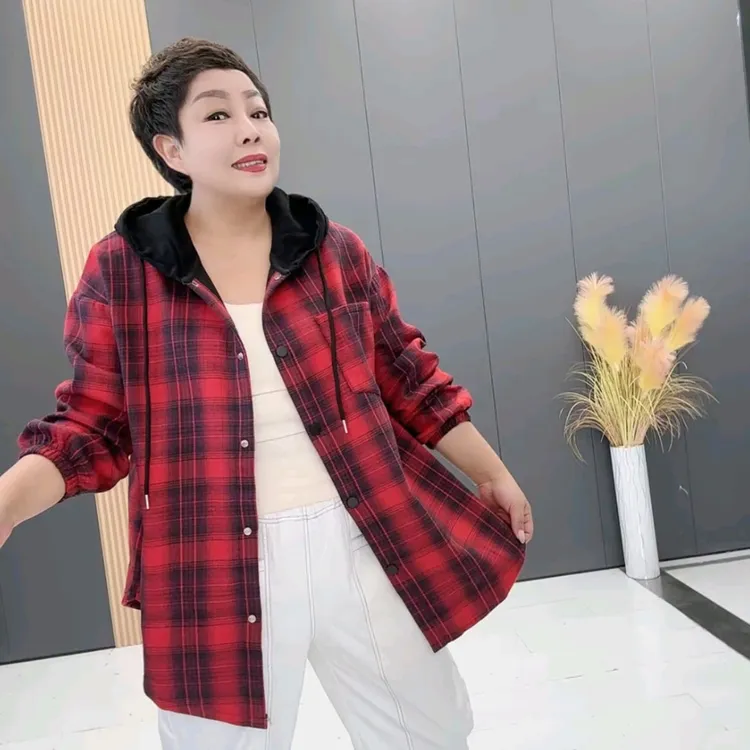 大码秋冬新款加薄绒连帽格子显瘦开衫衬衫外套8539