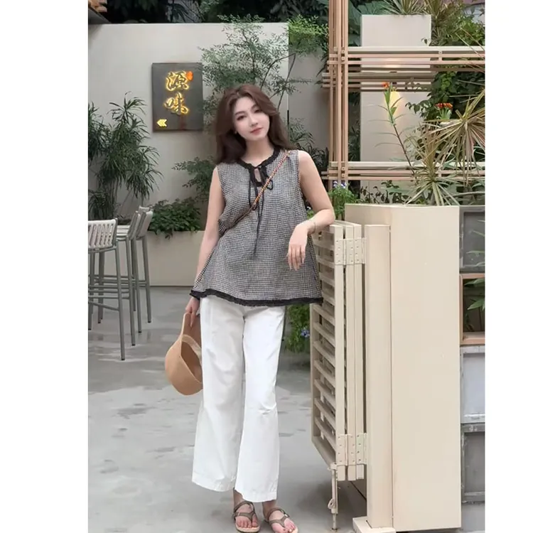 超火夏季穿搭一整套女2025新款韩版格子无袖衬衫百搭阔腿裤两件套