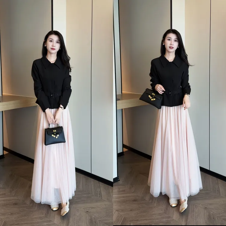 韩系高级感气质收腰显瘦西装外套+气质温柔高腰网纱半身裙套装